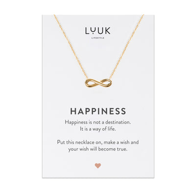 Goldene Kette mit Infinity Anhänger aus Edelstahl auf Happiness Spruchkarte von Luuk Lifestyle