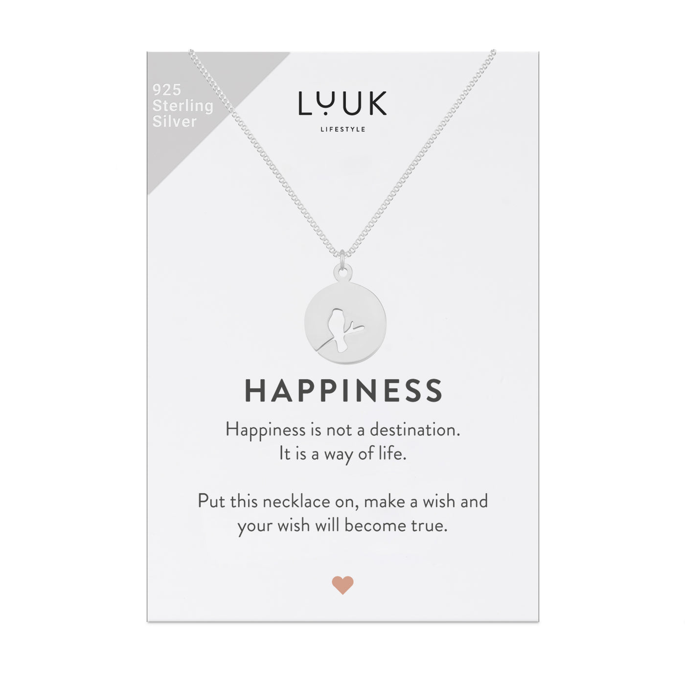 Silberne Halskette mit Amsel Anhänger auf Happiness Karte von der Marke Luuk Lifestyle 