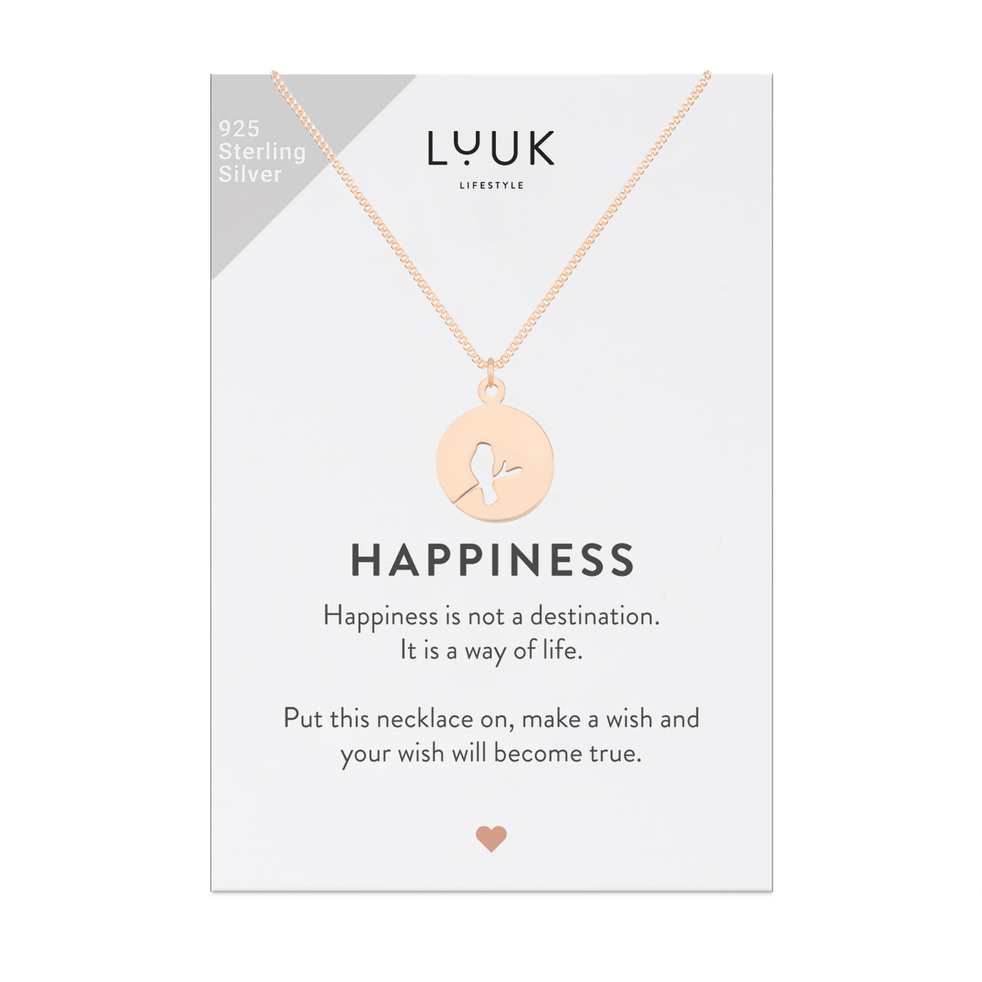 Rosegoldene Halskette mit Amsel Anhänger auf Happiness Karte von Luuk Lifestyle