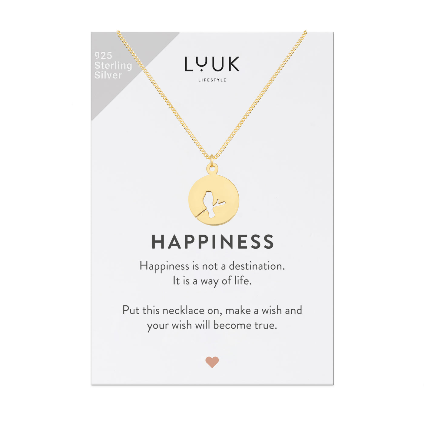 Goldene Halskette mit Amsel Anhänger auf Happiness Spruchkarte von der Brand Luuk Lifestyle 