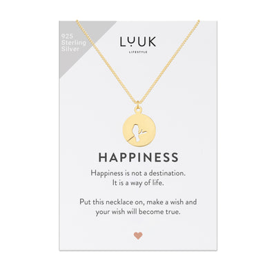 Goldene Halskette mit Amsel Anhänger auf Happiness Spruchkarte von der Brand Luuk Lifestyle 