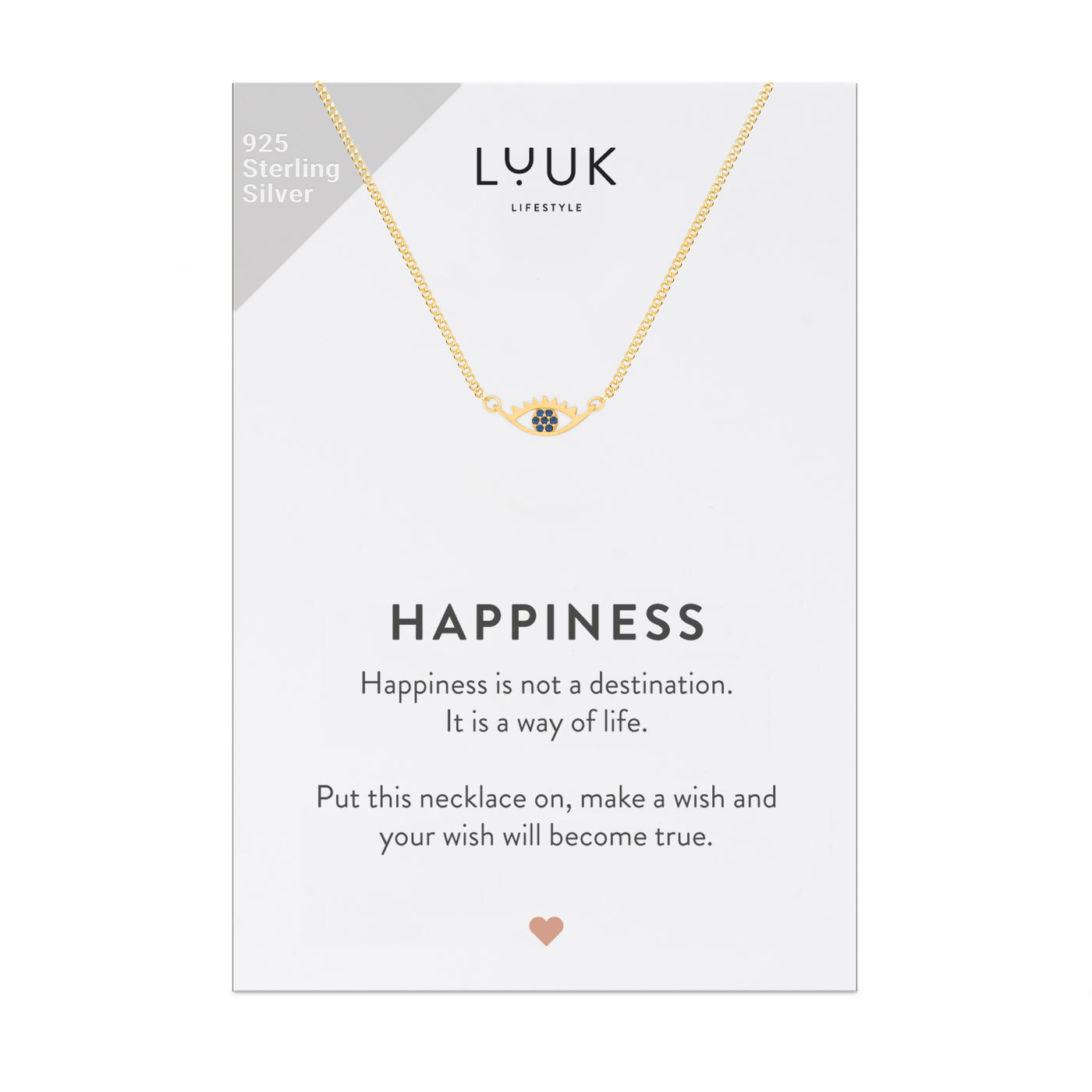 Gold Kette mit Buddha Auge Anhänger auf Happiness Spruchkarte von der Brand Luuk Lifestyle 