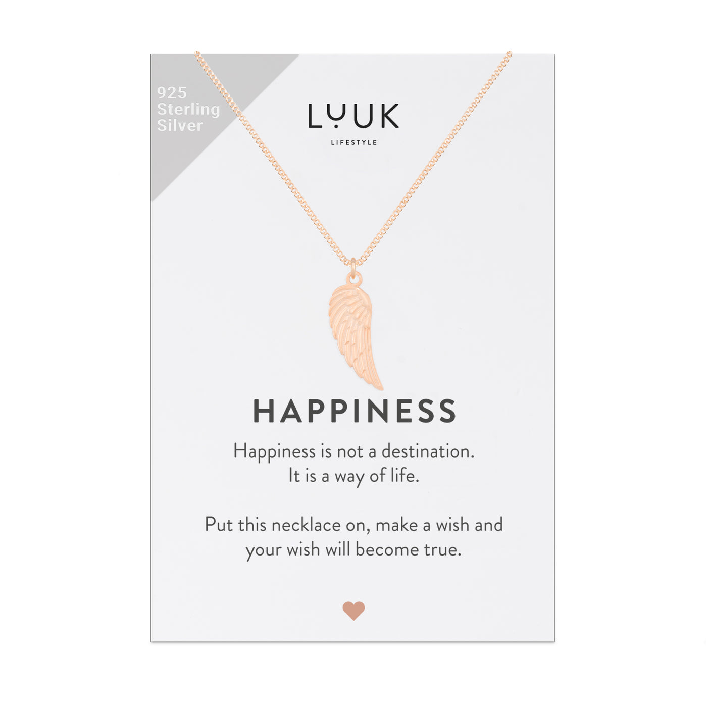Halskette mit Engelsflügel Anhänger in Roségold auf Happiness Spruchkarte von Luuk Lifestyle 