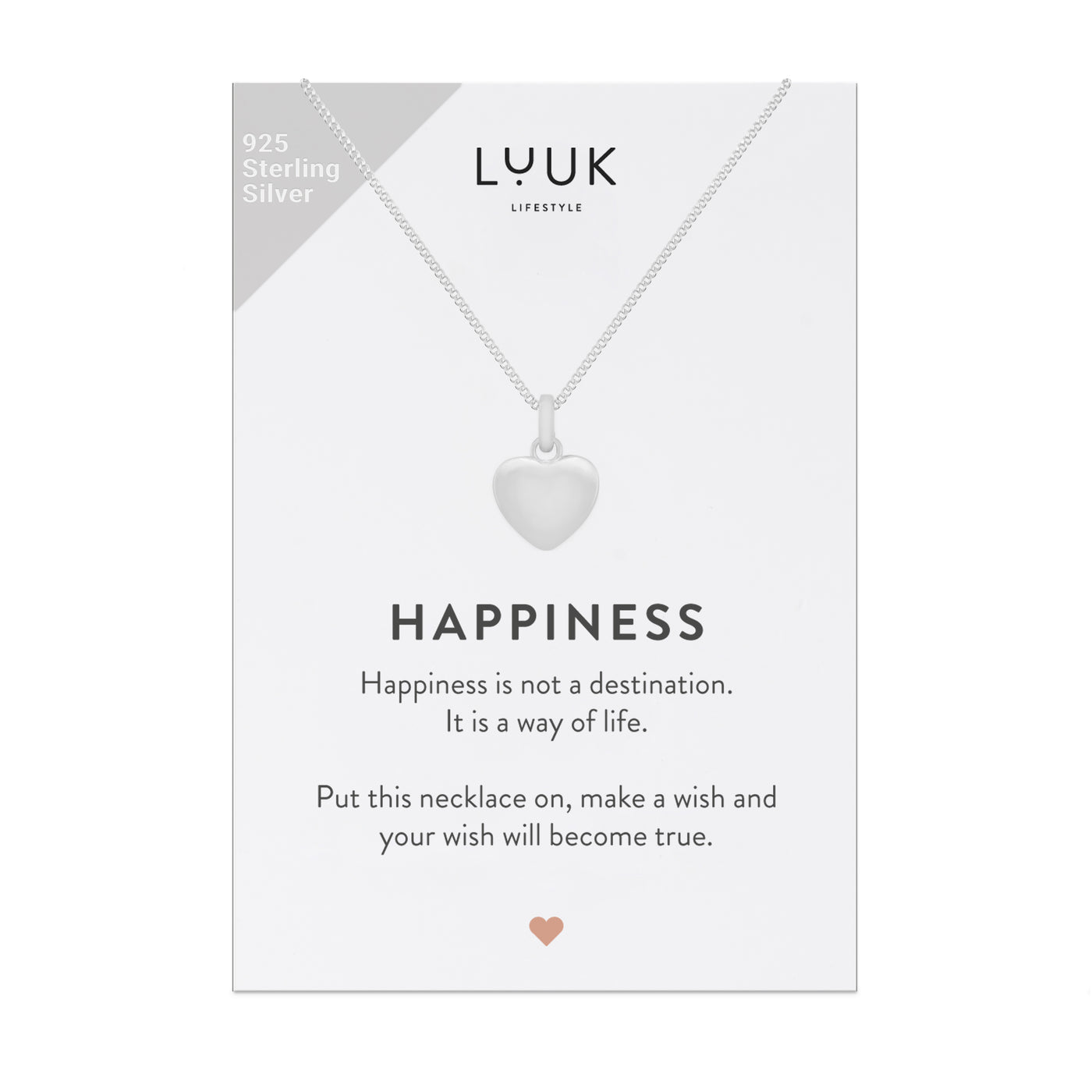 Halskette mit Herz Anhänger in 925er Sterling Silber auf Happiness Spruchkarte von der Marke Luuk Lifestyle 