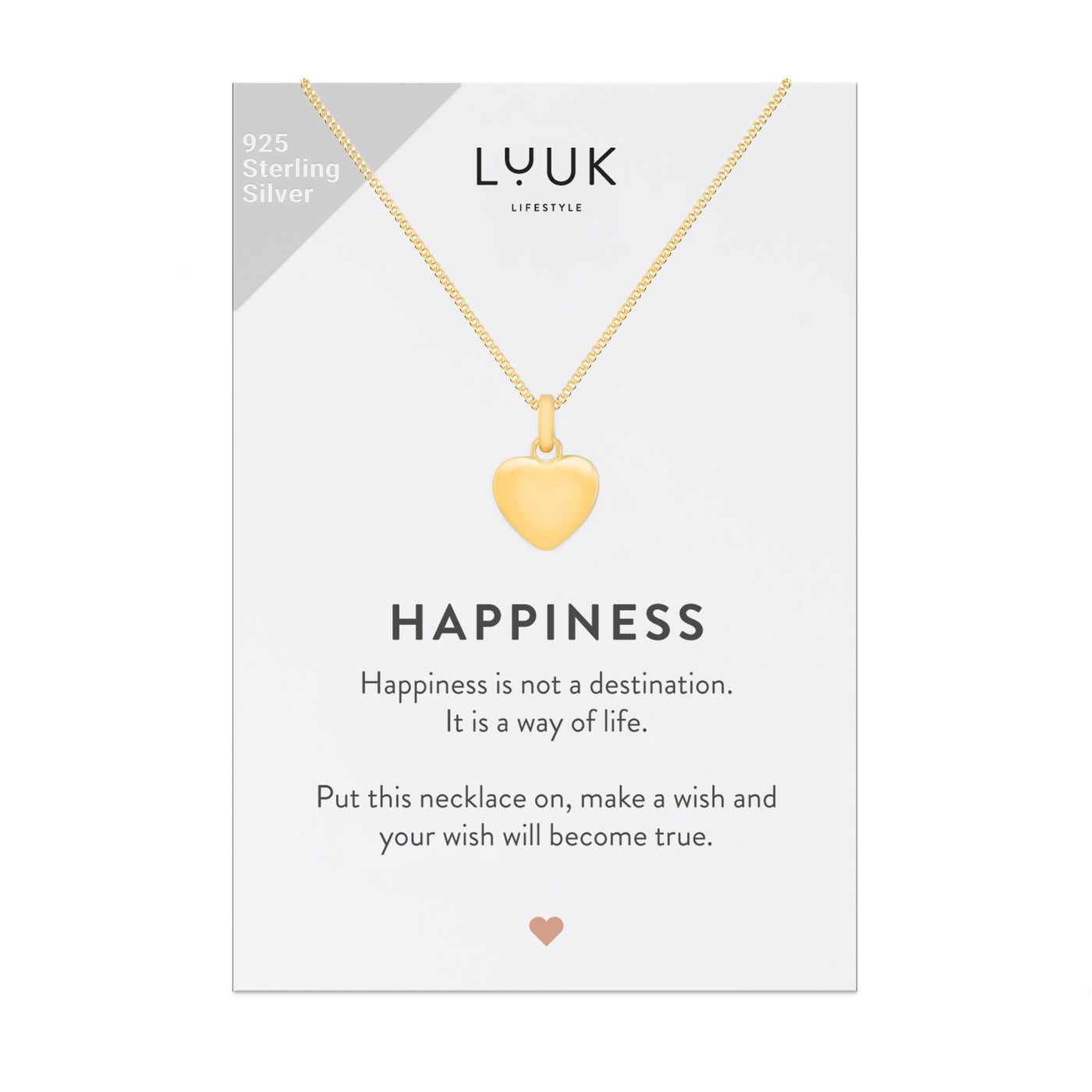 Gold Kette mit Herz Anhänger aus 925 Sterlingsilber auf Happiness Spruchkarte von der Brand Luuk Lifestyle 