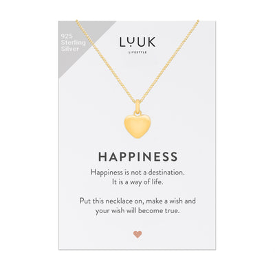 Gold Kette mit Herz Anhänger aus 925 Sterlingsilber auf Happiness Spruchkarte von der Brand Luuk Lifestyle 