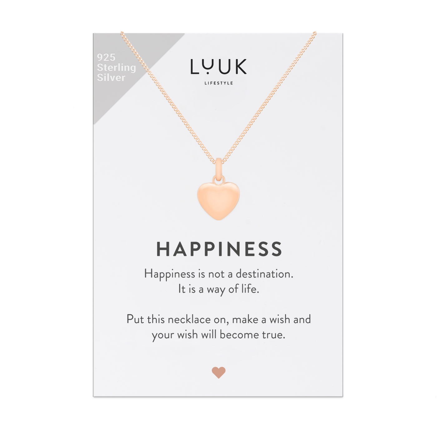 Halskette mit Herz Anhänger in Roségold auf Happiness Spruchkarte von Luuk Lifestyle 