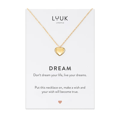 Gold Kette mit Herz Anhänger aus Edelstahl auf Dream Spruchkarte von der Brand Luuk Lifestyle 