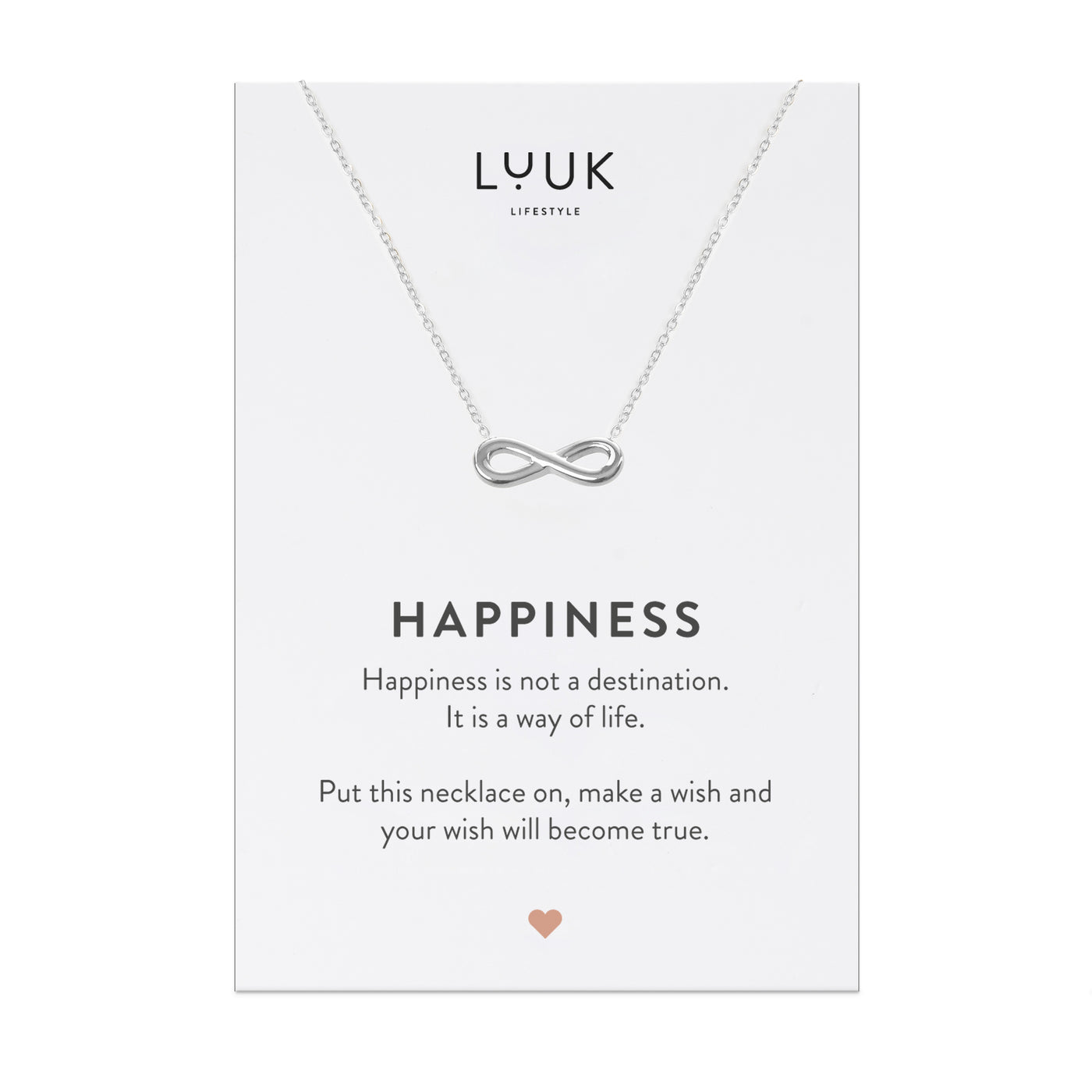 Halskette mit glänzendem Infinity Anhänger in Edelstahl auf Happiness Spruchkarte von der Marke Luuk Lifestyle 