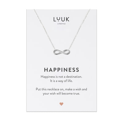 Halskette mit glänzendem Infinity Anhänger in Edelstahl auf Happiness Spruchkarte von der Marke Luuk Lifestyle 