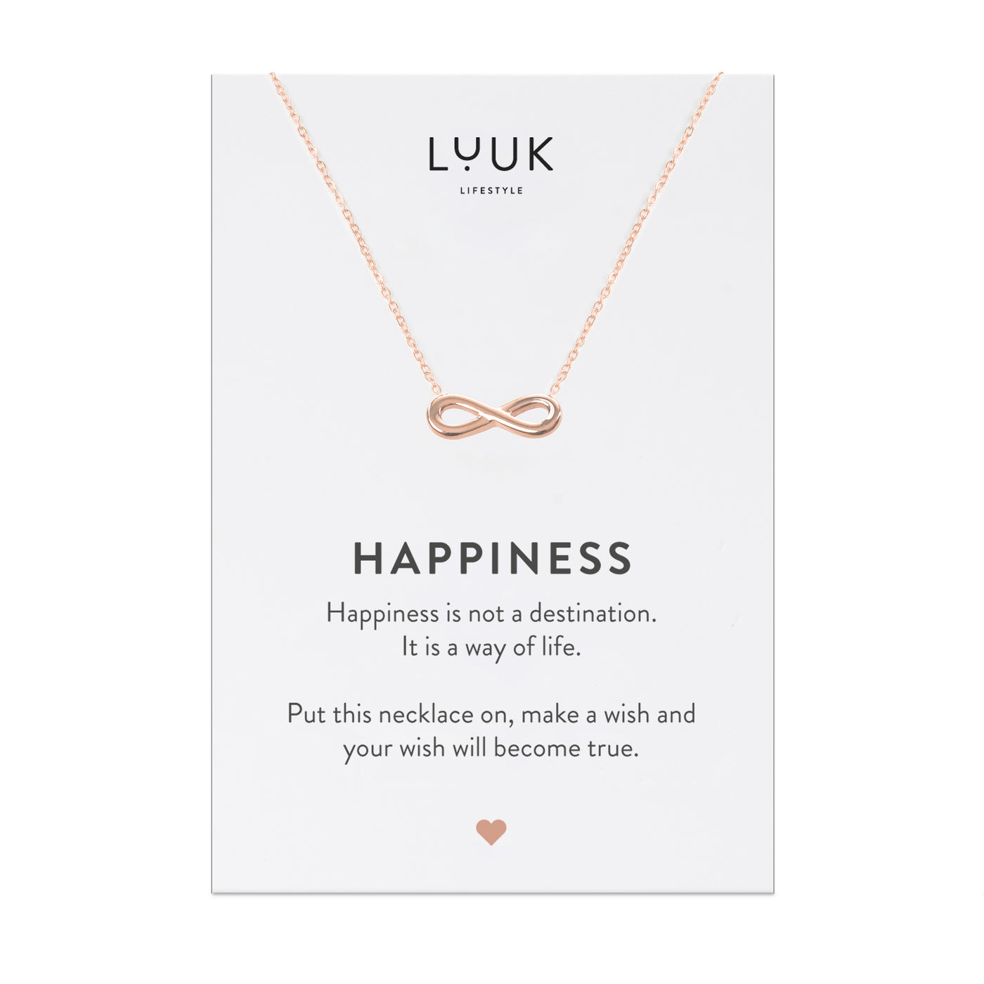 Halskette mit Infinity Anhänger in Rosegold auf Happiness Spruchkarte von Luuk Lifestyle 