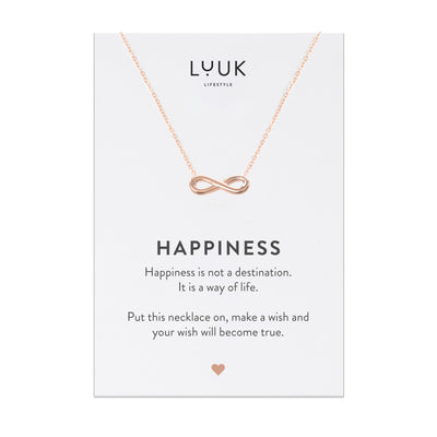 Halskette mit Infinity Anhänger in Rosegold auf Happiness Spruchkarte von Luuk Lifestyle 