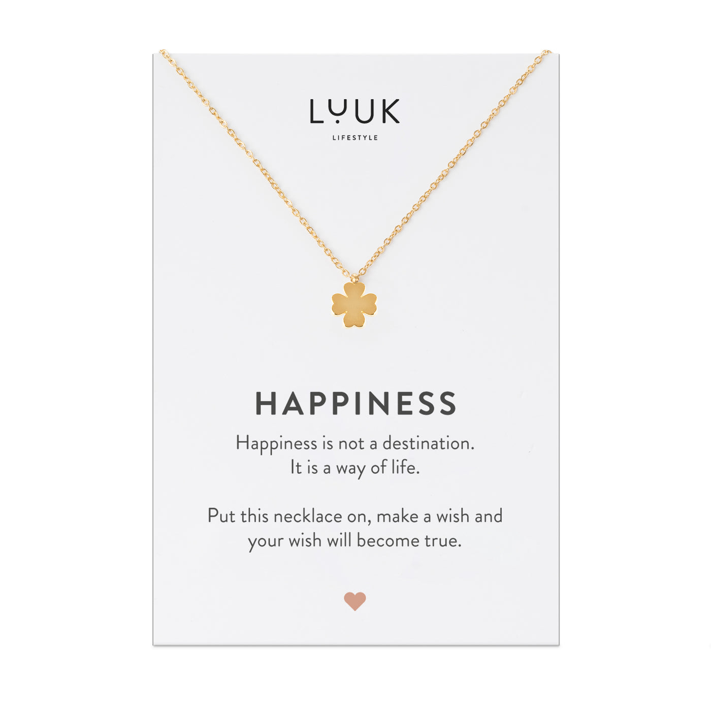 Gold Kette mit Kleeblatt Anhänger auf Happiness Spruchkarte von der Brand Luuk Lifestyle 