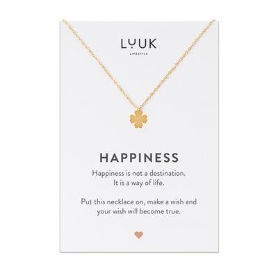 Gold Kette mit Kleeblatt Anhänger auf Happiness Spruchkarte von der Brand Luuk Lifestyle 