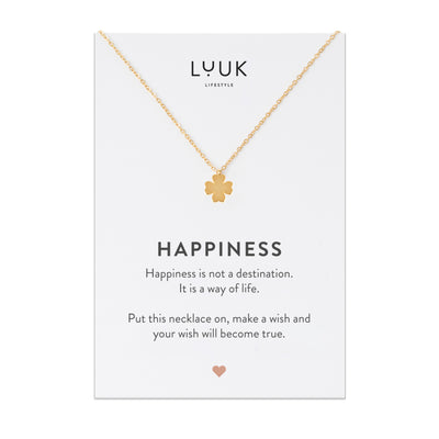 Necklace with clover leaf pendant and Happiness greeting card
