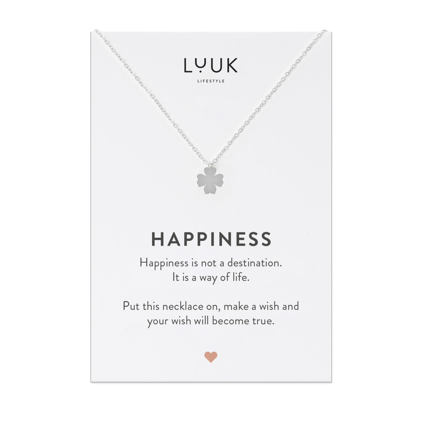 Halskette mit Kleeblatt Anhänger aus Edelstahl auf Happiness Spruchkarte von Luuk Lifestyle 