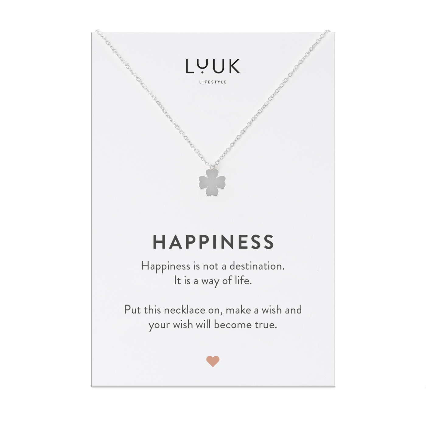 Necklace with clover leaf pendant and Happiness greeting card