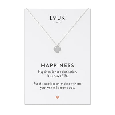 Halskette mit Kleeblatt Anhänger aus Edelstahl auf Happiness Spruchkarte von Luuk Lifestyle 