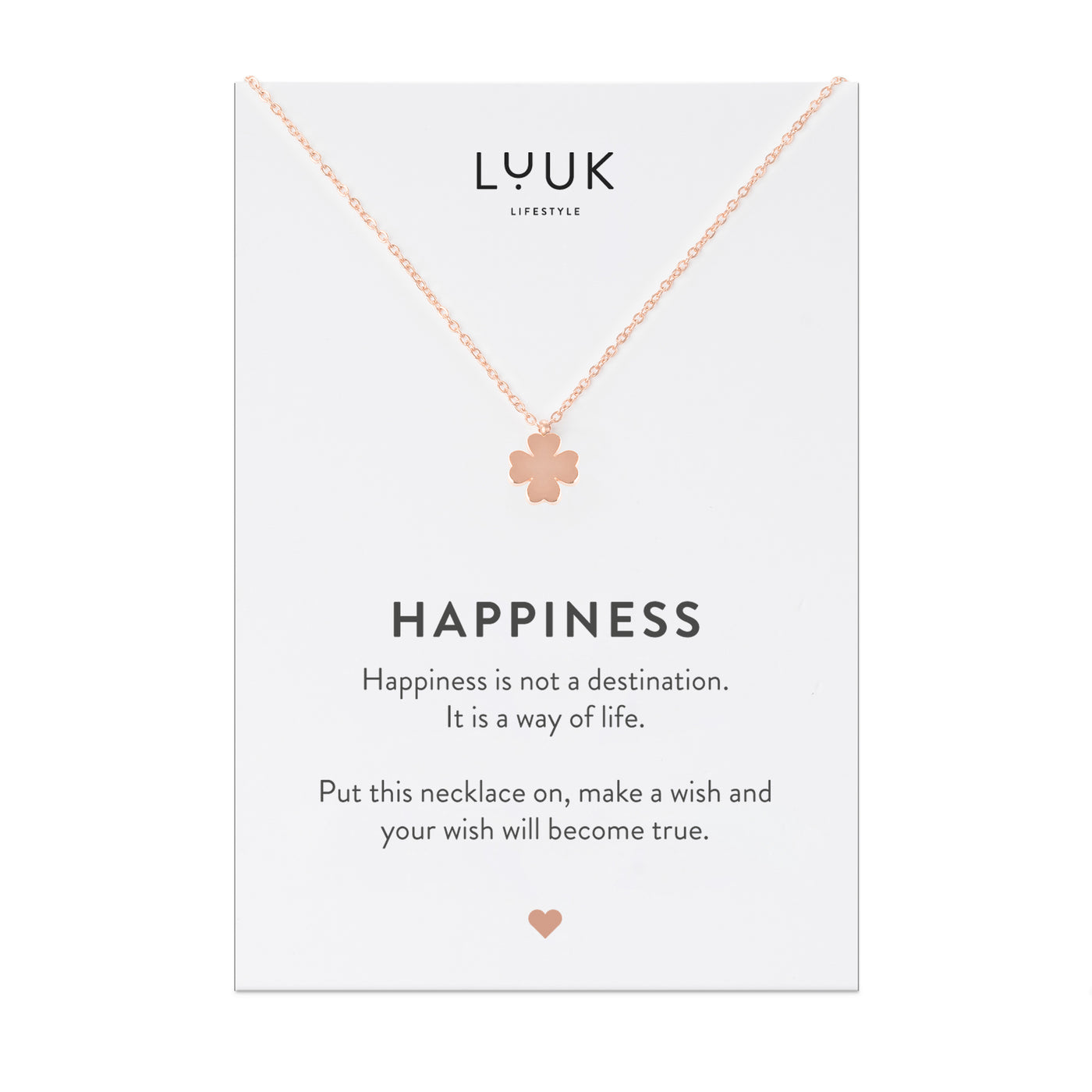 Halskette mit Kleeblatt Anhänger in Rosegold auf Happiness Spruchkarte von Luuk Lifestyle 
