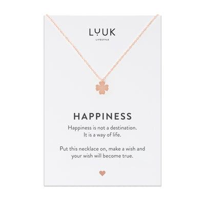 Necklace with clover leaf pendant and Happiness greeting card