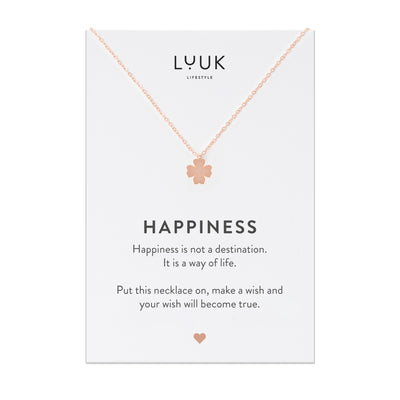 Halskette mit Kleeblatt Anhänger in Rosegold auf Happiness Spruchkarte von Luuk Lifestyle 