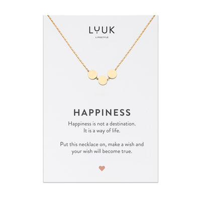 Gold Kette mit Kreis Anhängern aus Edelstahl auf Happiness Spruchkarte von der Brand Luuk Lifestyle