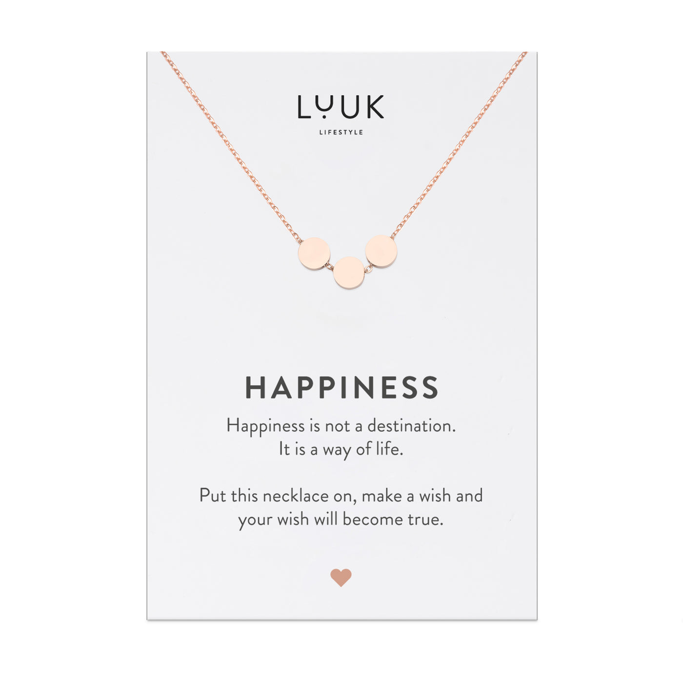 Halskette mit Kreis Anhängern in Rosegold auf Happiness Spruchkarte von der Marke Luuk Lifestyle