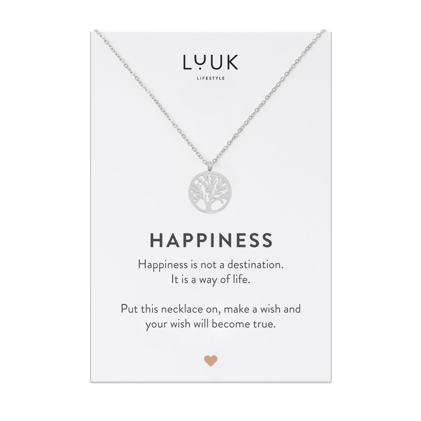Silberne Halskette mit Lebensbaum Anhänger auf Happiness Spruchkarte von der Marke Luuk Lifestyle 