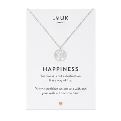 Silberne Halskette mit Lebensbaum Anhänger auf Happiness Spruchkarte von der Marke Luuk Lifestyle 