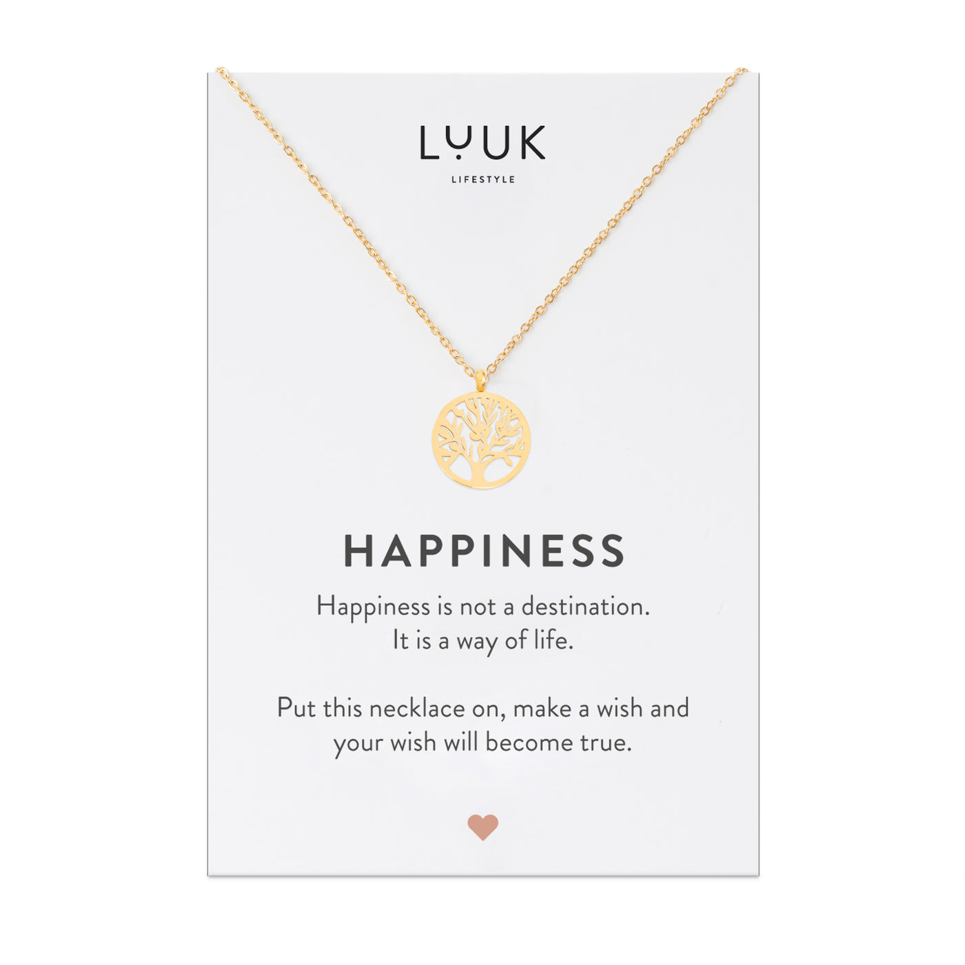 Goldene Halskette mit Lebensbaum Anhänger auf Happiness Spruchkarte von der Marke Luuk Lifestyle