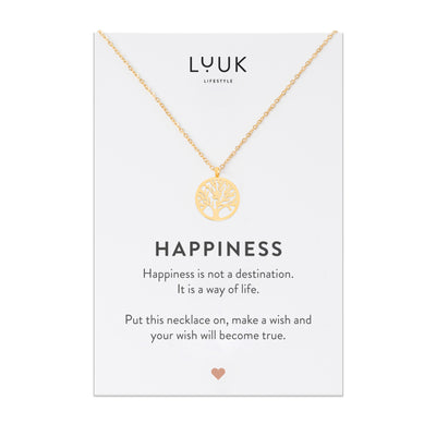 Goldene Halskette mit Lebensbaum Anhänger auf Happiness Spruchkarte von der Marke Luuk Lifestyle