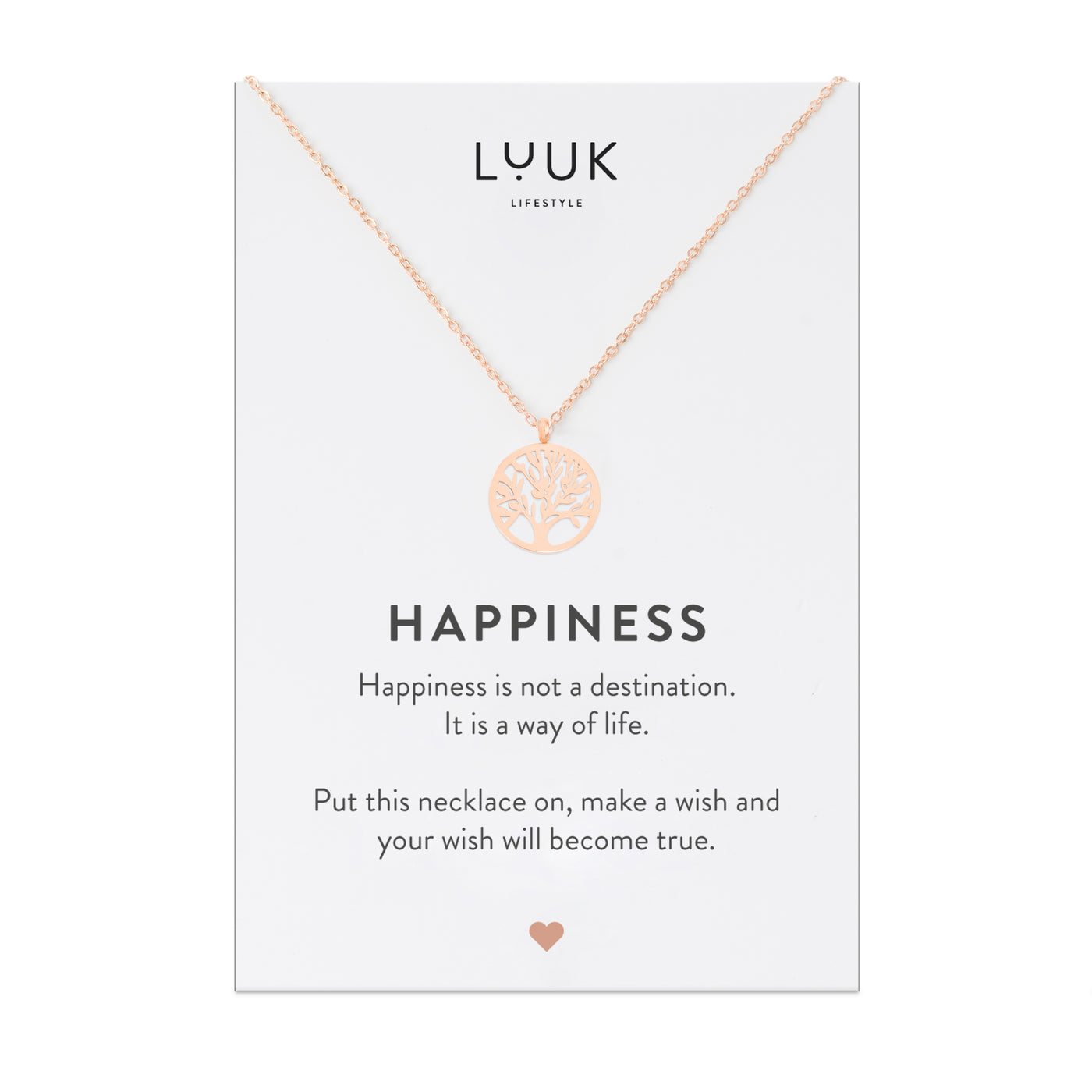 Rosegolden Halskette mit Lebensbaum Anhänger auf Happiness Spruchkarte von der Brand Luuk Lifestyle