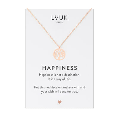 Rosegolden Halskette mit Lebensbaum Anhänger auf Happiness Spruchkarte von der Brand Luuk Lifestyle