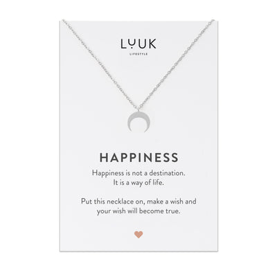 Silberne Halskette mit Mond Anhänger auf Happiness Spruchkarte von der Marke Luuk Lifestyle