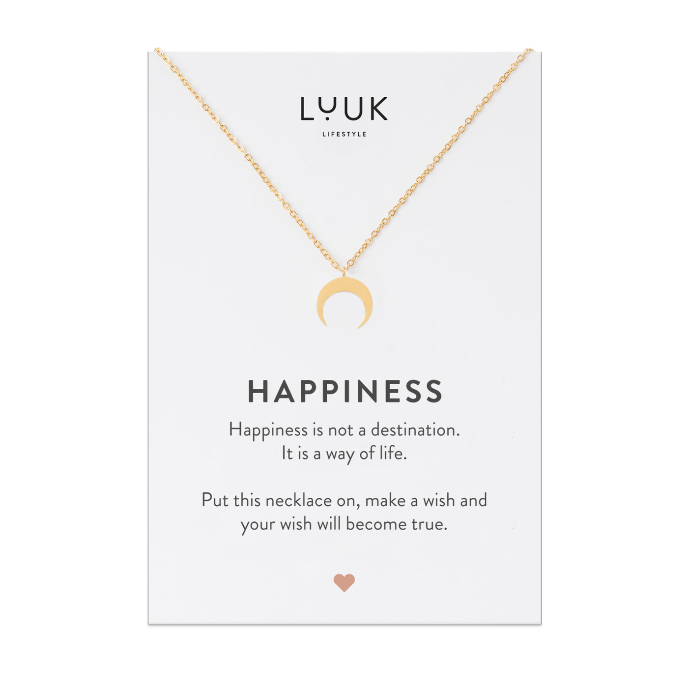 Goldene Halskette mit Mond Anhänger auf Happiness Karte von der Brand Luuk Lifestyle