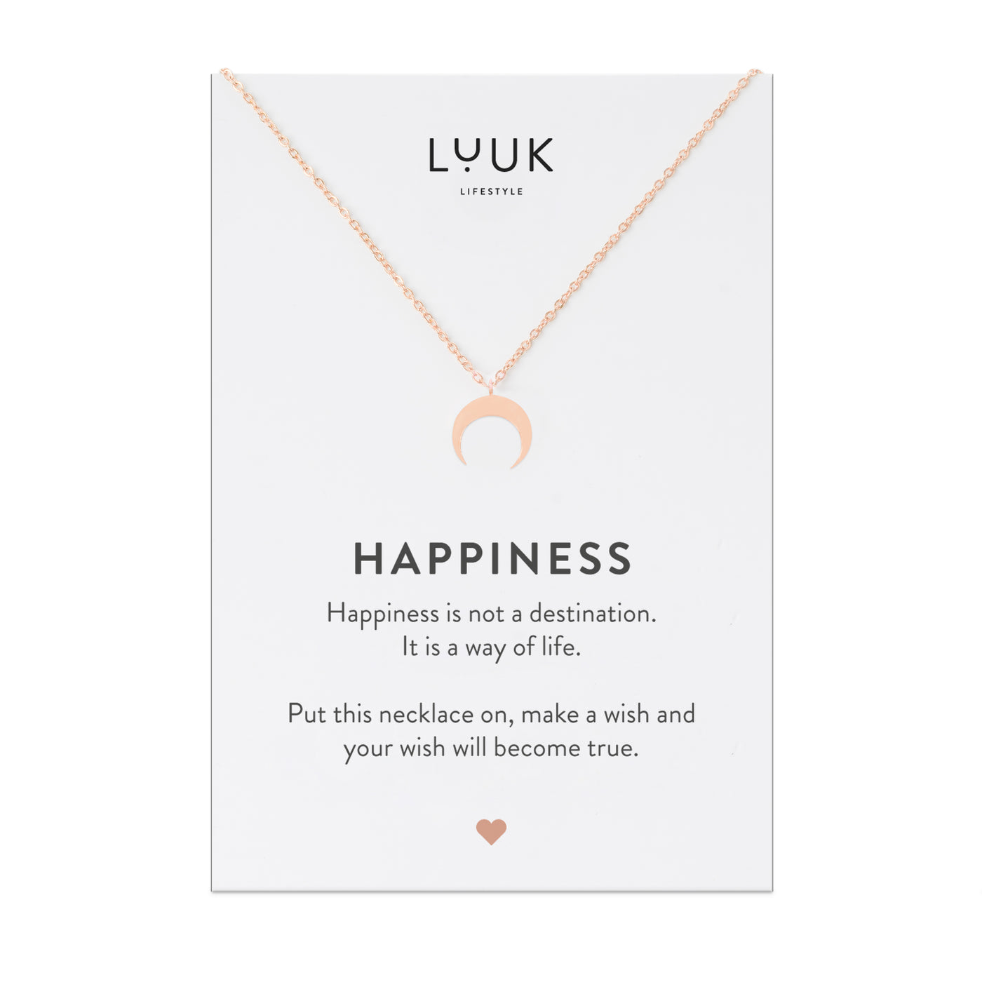 Rosegoldene Halskette mit Mond Anhänger auf Happiness Spruchkarte von Luuk Lifestyle