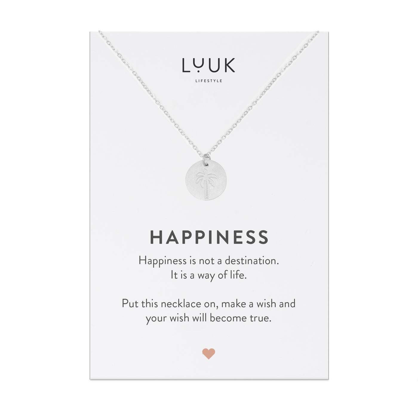 Halskette mit Palmen Anhänger aus Edelstahl auf Happiness Spruchkarte von der Marke Luuk Lifestyle 