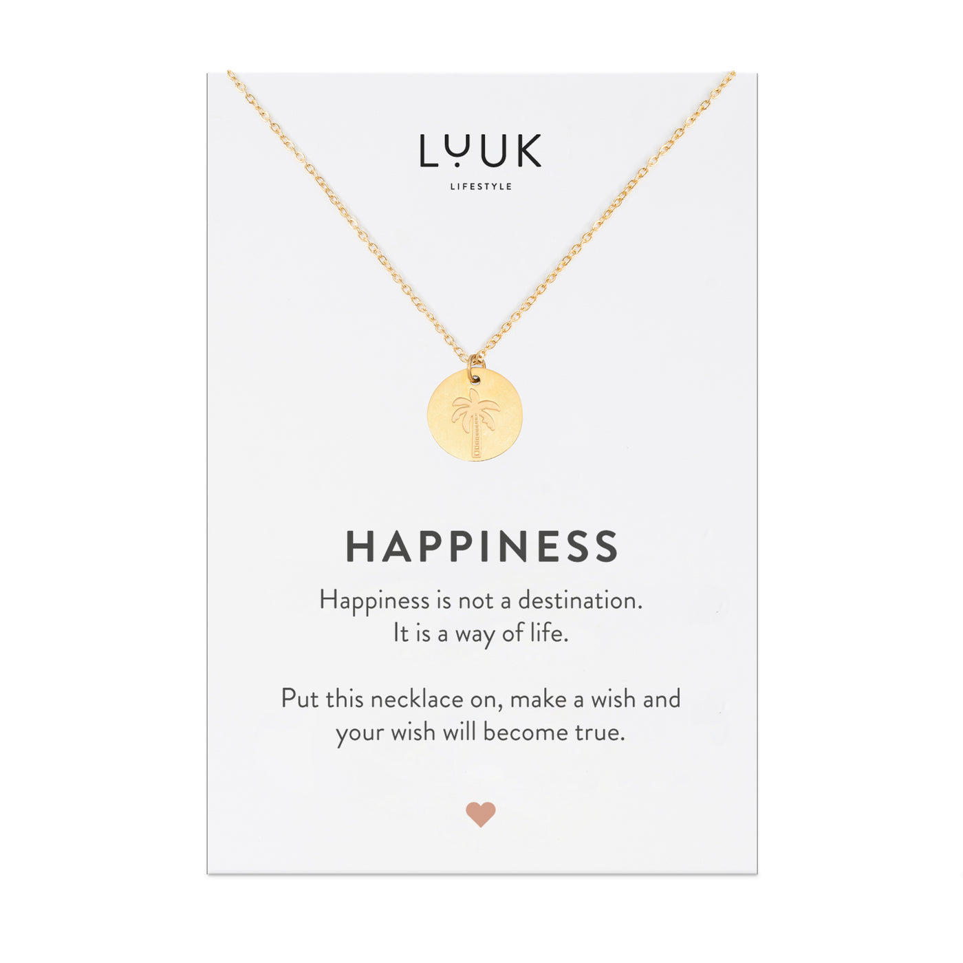 Goldene Kette mit Palmen graviertem Anhänger aus Edelstahl auf Happiness Spruchkarte von der Brand Luuk Lifestyle 