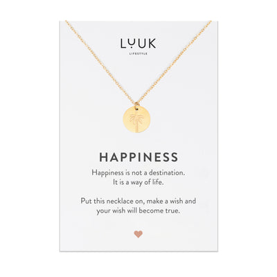 Goldene Kette mit Palmen graviertem Anhänger aus Edelstahl auf Happiness Spruchkarte von der Brand Luuk Lifestyle 