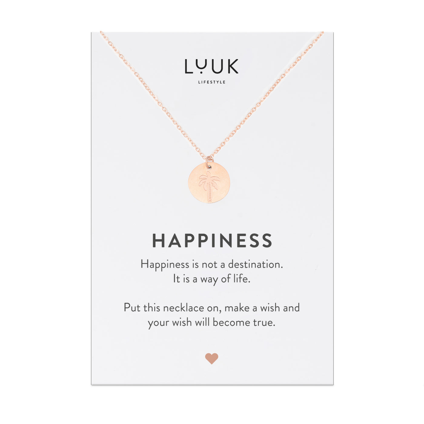 Halskette mit Palmen Anhänger in Rosegold aus Edelstahl auf Happiness Spruchkarte von Luuk Lifestyle