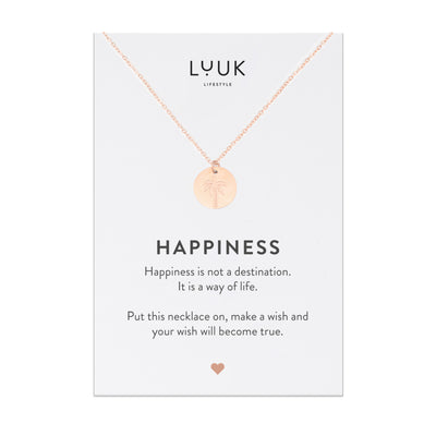 Halskette mit Palmen Anhänger in Rosegold aus Edelstahl auf Happiness Spruchkarte von Luuk Lifestyle