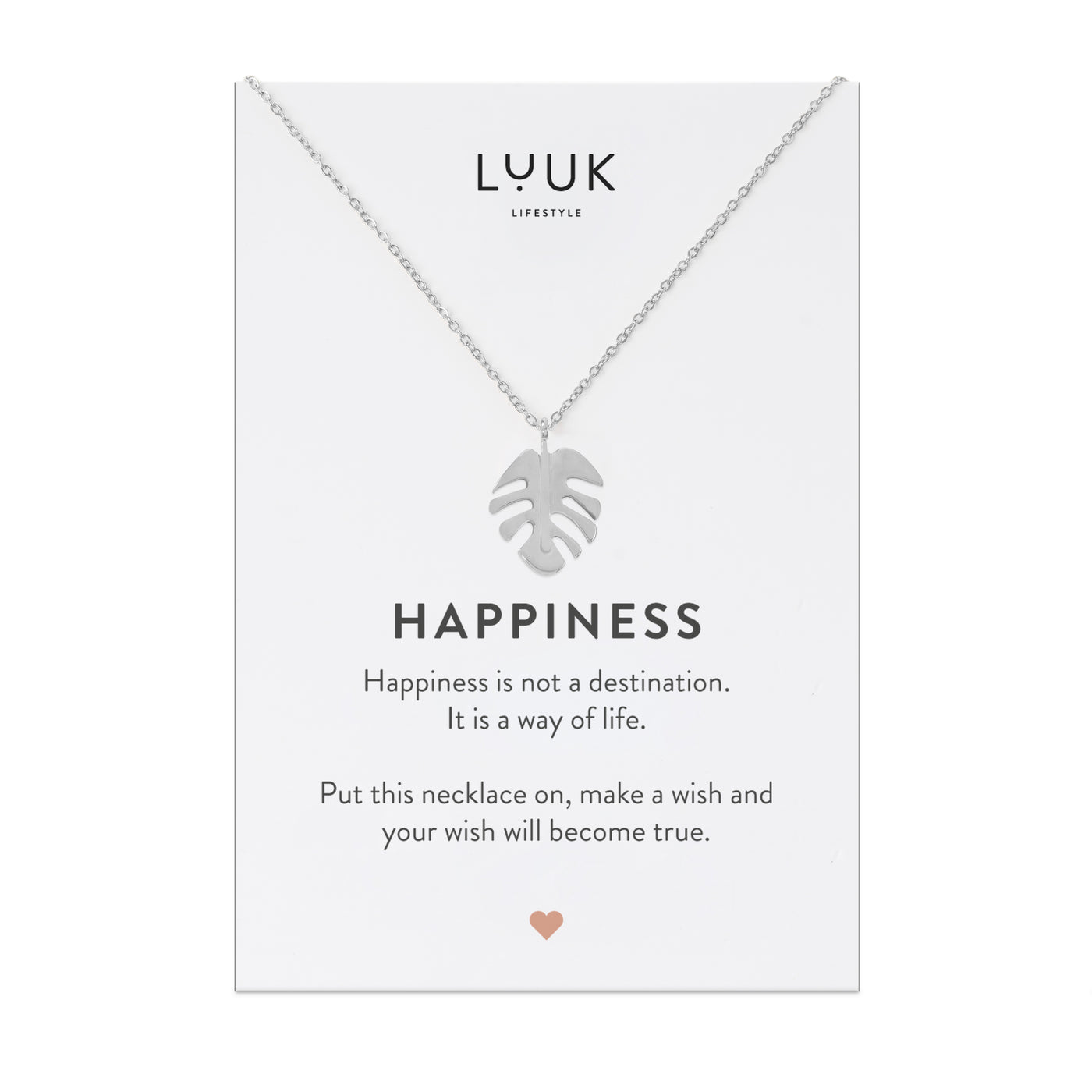 Halskette mit Monstera Blatt Anhänger aus Edelstahl auf Happiness Spruchkarte von der Marke Luuk Lifestyle