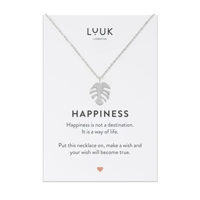 Halskette mit Monstera Blatt Anhänger aus Edelstahl auf Happiness Spruchkarte von der Marke Luuk Lifestyle
