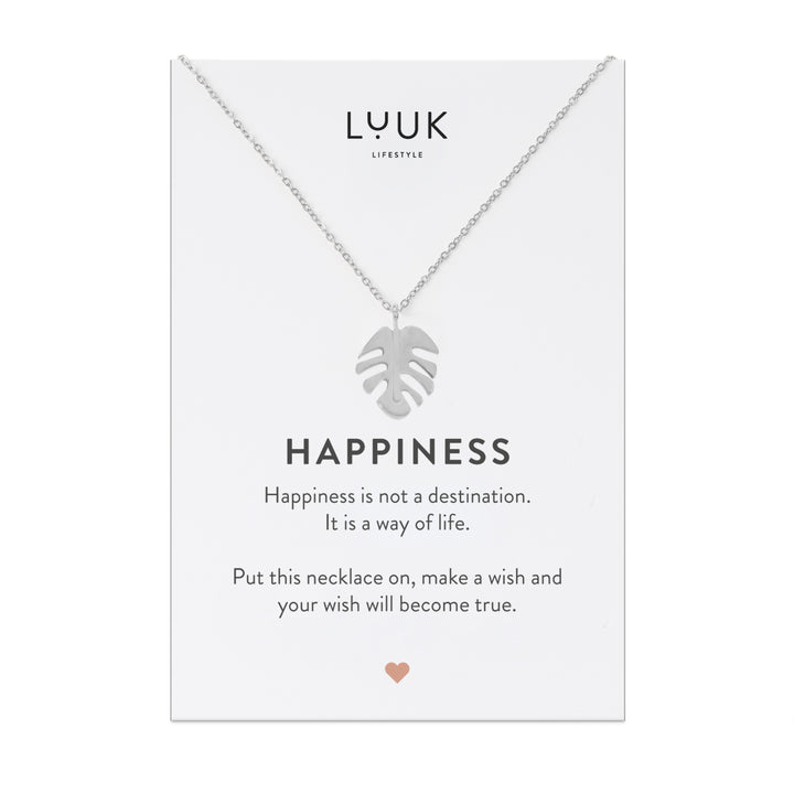 monstera kette Modern leaf chains with Monstera pendant and Happiness saying card – LUUK  LIFESTYLE