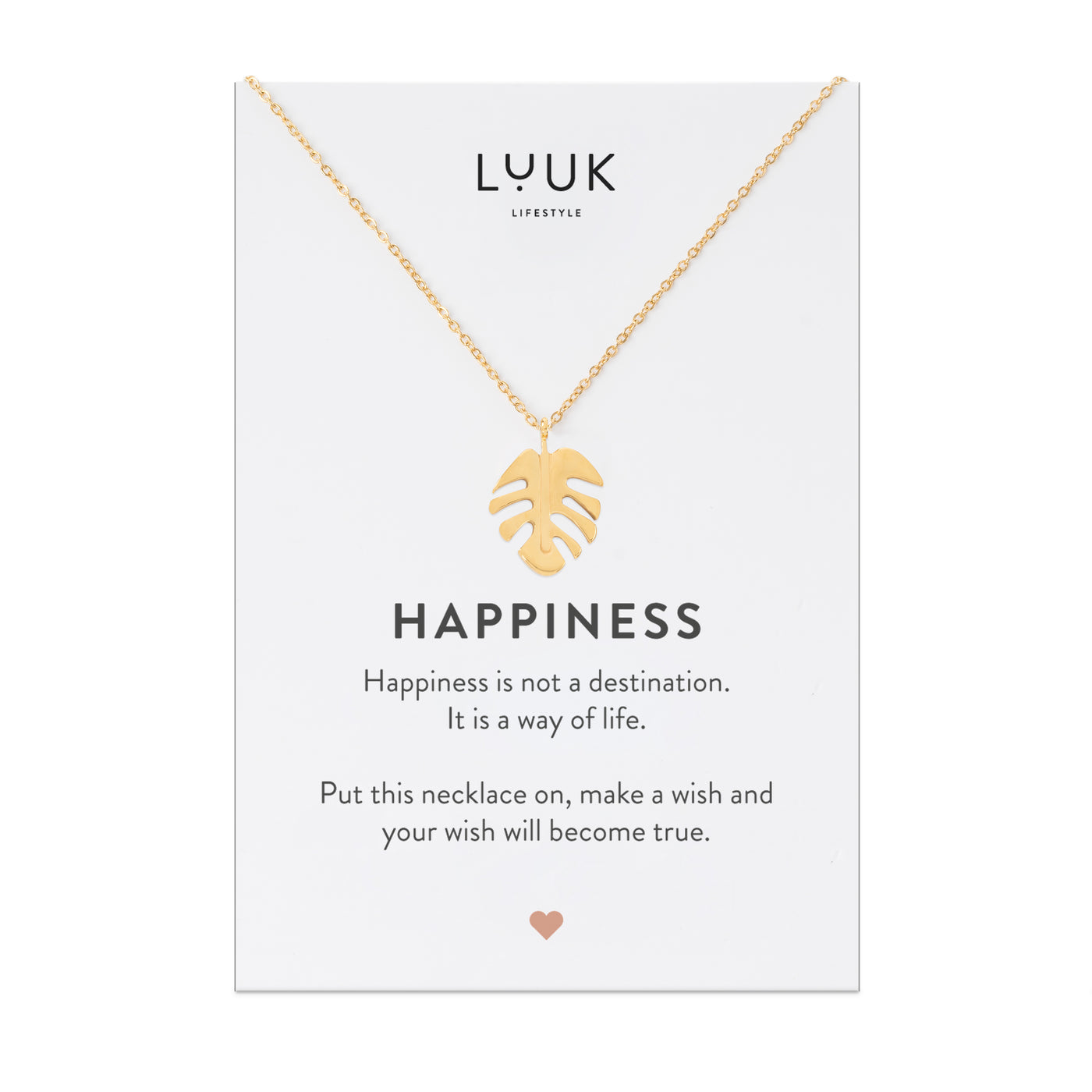 Gold Kette mit Monstera Blatt Anhänger auf Happiness Spruchkarte von der Brand Luuk Lifestyle