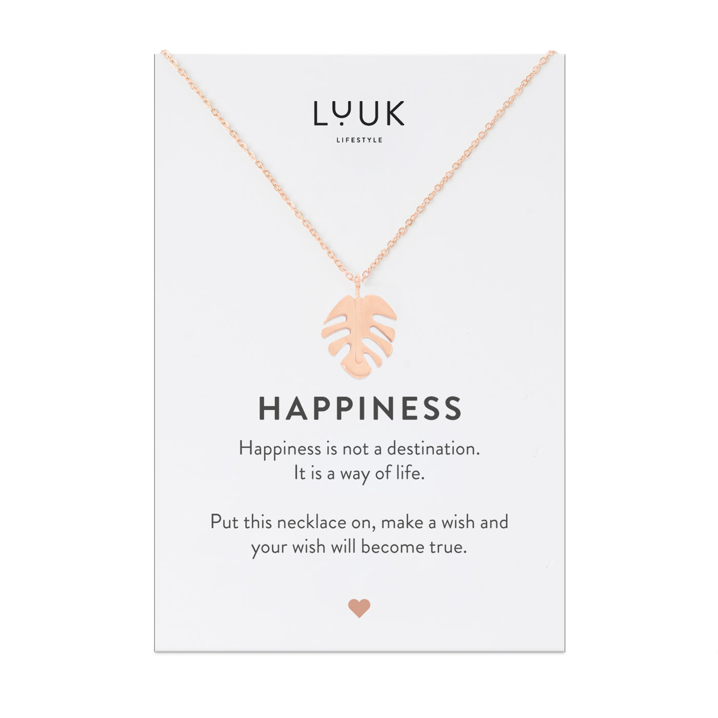 Halskette mit Monstera Blatt Anhänger in Rosegold auf Happiness Spruchkarte von Luuk Lifestyle
