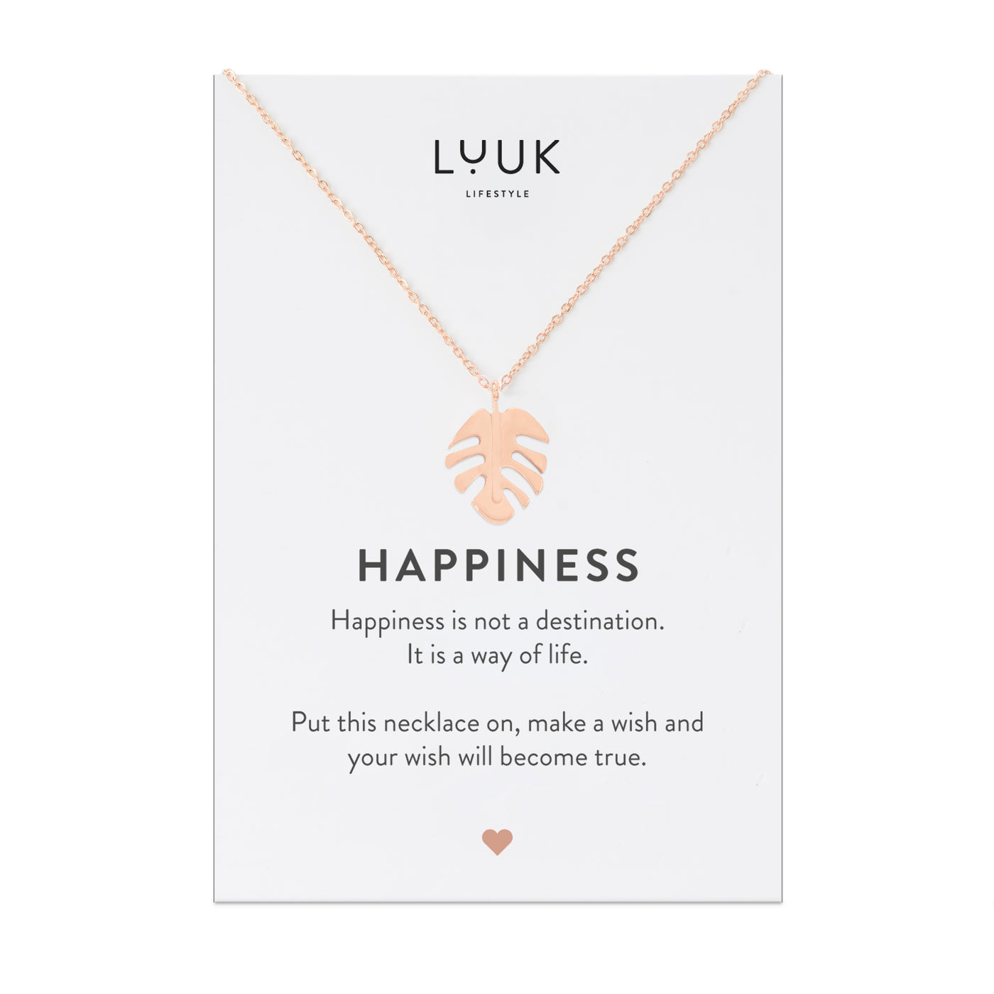 Necklace with Monstera Leaf leaf pendant and Happiness greeting card