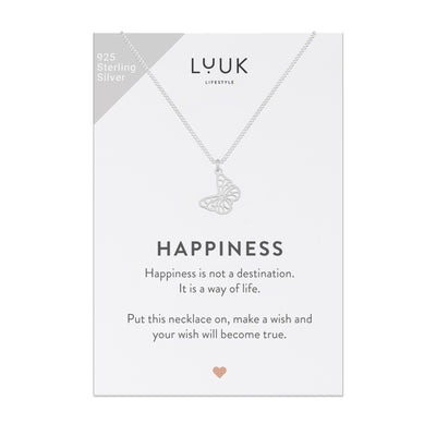 Feine 925 Silber Kette mit Schmetterling Anhänger auf Happiness Spruchkarte von der Marke Luuk Lifestyle 