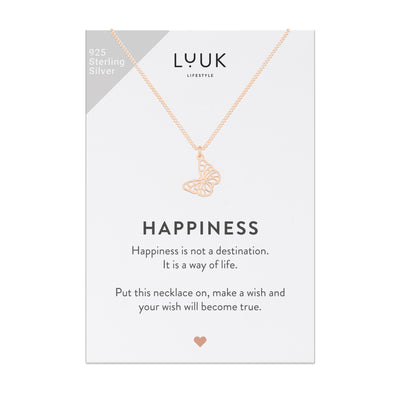 Rose goldene Kette mit Schmetterling Anhänger auf Happiness Spruchkarte von der Brand Luuk Lifestyle 