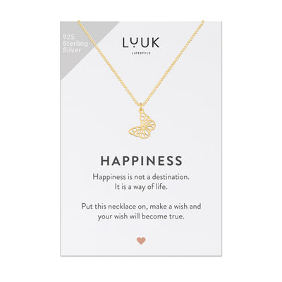 Happiness Spruchkarte mit schlichter goldenen Halskette und Schmetterling Anhänger von der Marke Luuk Lifestyle 